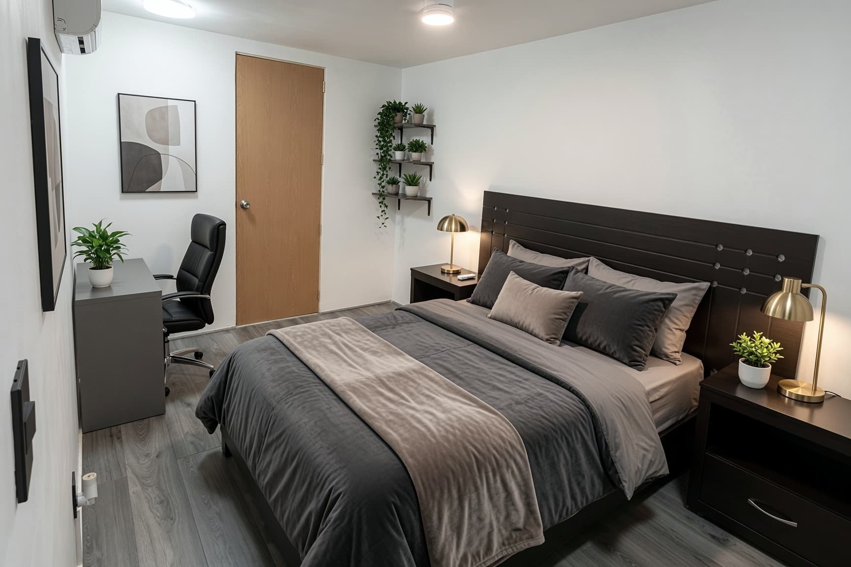 Suite amueblada con cama matrimonial, escritorio y piso de madera